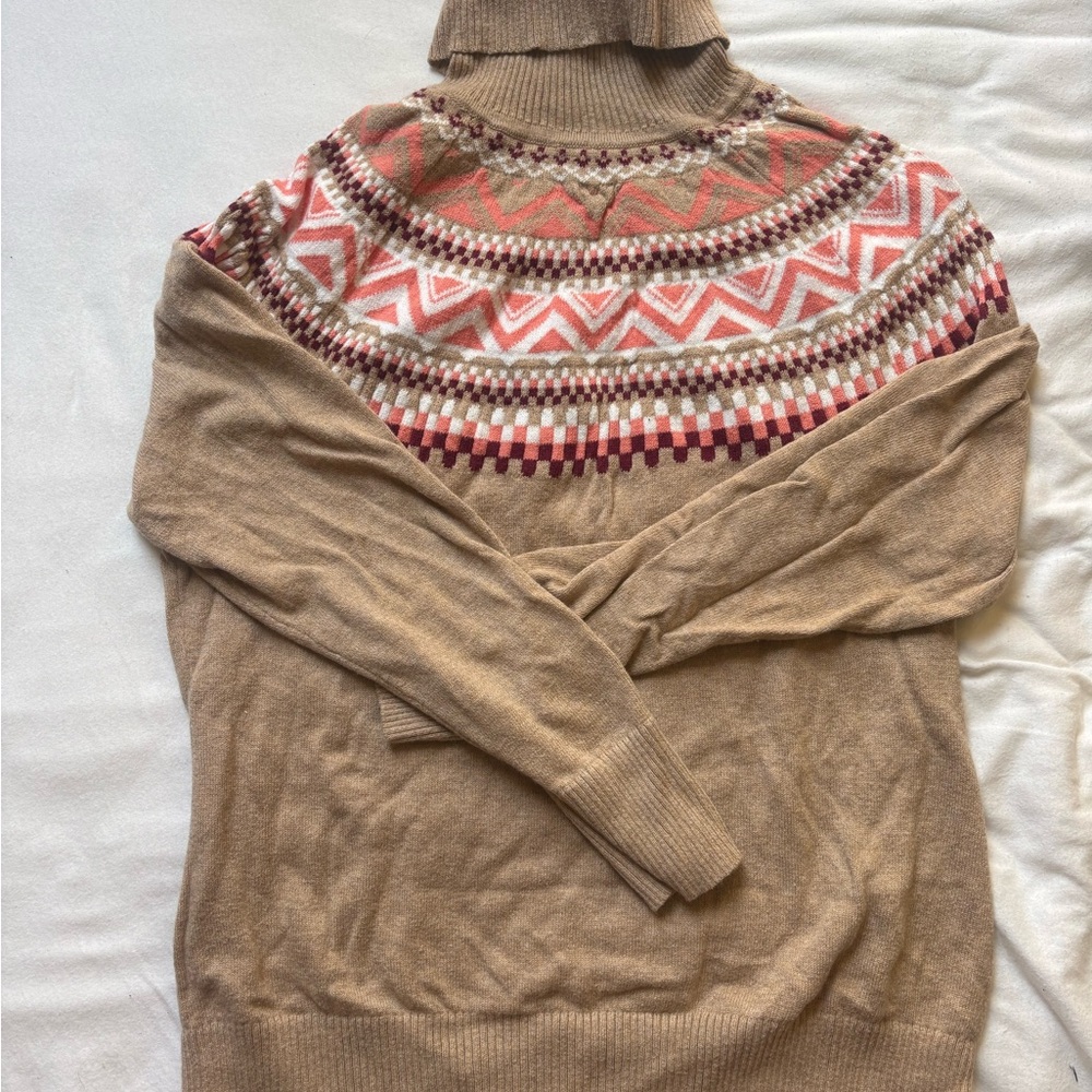 L.L. Bean Women's Tan Turtleneck Sweater with Pink and Cream Fair Isle Yoke